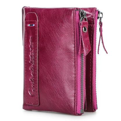 HOTCONTACTS Soft Leather Wallet for Women Small Bifold Coin Purse Double Zipper Card Holder with RFID Blocking (Rose Tan)