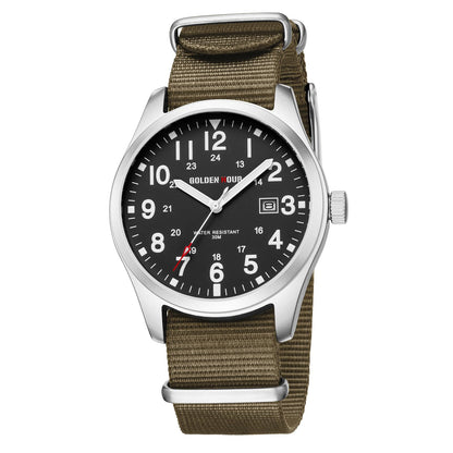 HOTGOLDEN HOUR Men's Nylon Slip-Thru Strap Watch with Military Time Easy Read Dial Glowing Hands