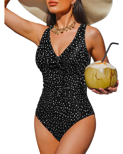 HOTWomen's Tummy Control One Piece Swimsuit Push Up Full Coverage Bathing Suit | V-Neck Twist Front, Low-Back Design, Adjustable Straps, Removable Pads, Full Coverage, Long-Torso Fit, Beach and Pool Days