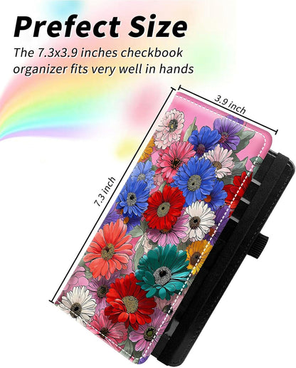 HOTCheck Register Covers for Personal Checkbook Women & Men, Large Capacity Leather Check Book Cover with Pen Holder Organizer Ladies Card Wallet w/RFID Blocking, Wildflower Pink