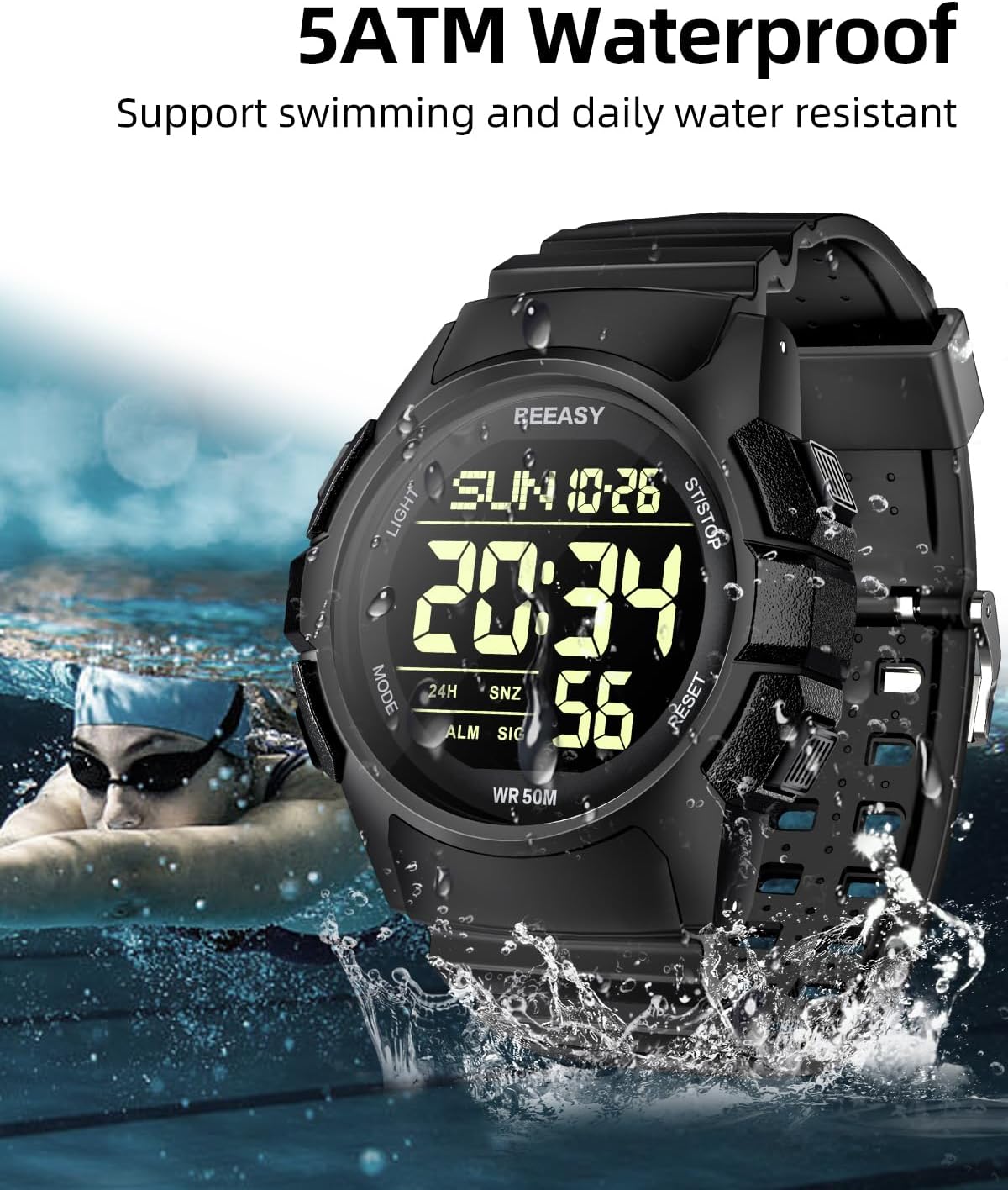 HOTBeeasy Mens Digital Sports Watch, 50M Waterproof 49mm Rubber Strap Mens Watches with Stopwatch, Countdown Timer, Alarm & Dual Time—Ideal for Sport, Gym, Running, Referee, School & Daily Wear