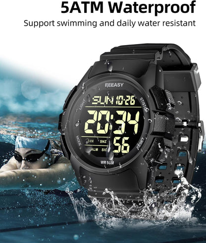 HOTBeeasy Mens Digital Sports Watch, 50M Waterproof 49mm Rubber Strap Mens Watches with Stopwatch, Countdown Timer, Alarm & Dual Time—Ideal for Sport, Gym, Running, Referee, School & Daily Wear
