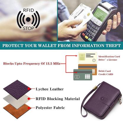 HOTGAEKEAO Leather Credit Card Holder Wallet for Women RFID Blocking Large Capacity Bifold Zipper Card Case Organizer with Wristlet 32 Slots