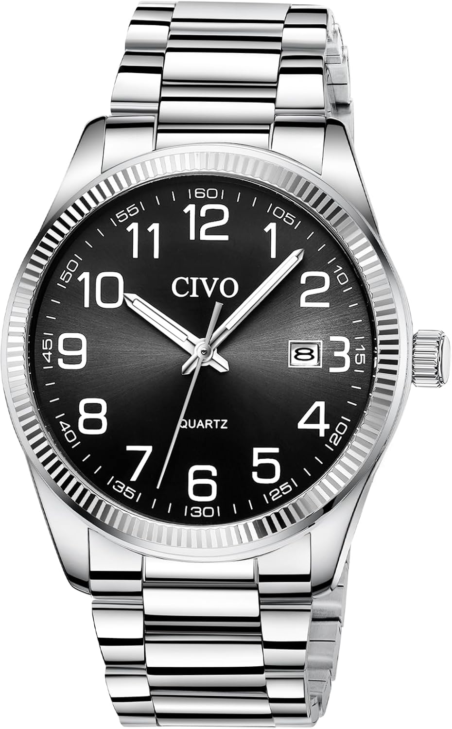 HOTCIVO Silver Analog Watches for Men: Stainless Steel Dress Wrist Watch Date | Classic, Easy to Read Large Numbers, Waterproof for Work, Formal, Gifts for Husband, Son, Father, Birthday, Anniversary