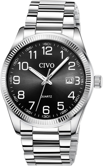 HOTCIVO Silver Analog Watches for Men: Stainless Steel Dress Wrist Watch Date | Classic, Easy to Read Large Numbers, Waterproof for Work, Formal, Gifts for Husband, Son, Father, Birthday, Anniversary