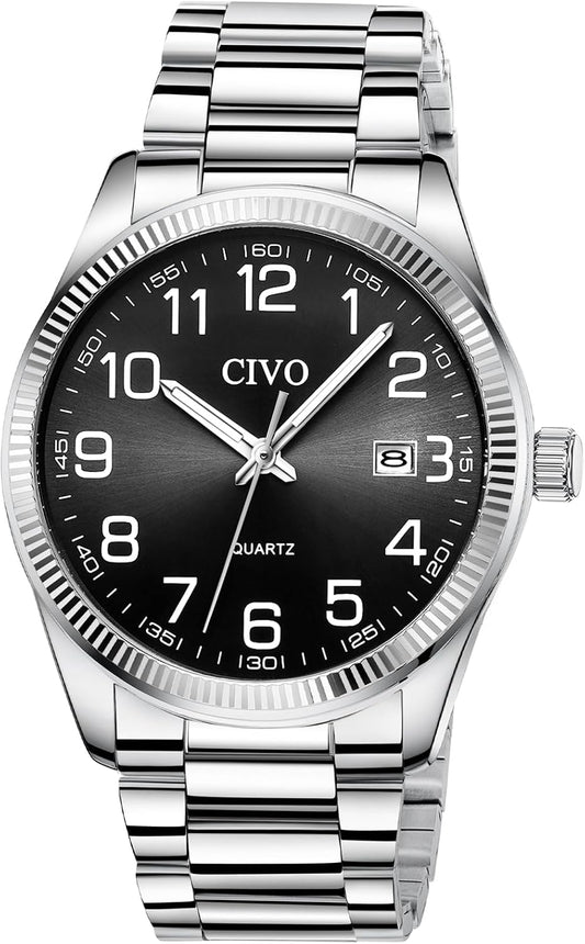 HOTCIVO Silver Analog Watches for Men: Stainless Steel Dress Wrist Watch Date | Classic, Easy to Read Large Numbers, Waterproof for Work, Formal, Gifts for Husband, Son, Father, Birthday, Anniversary