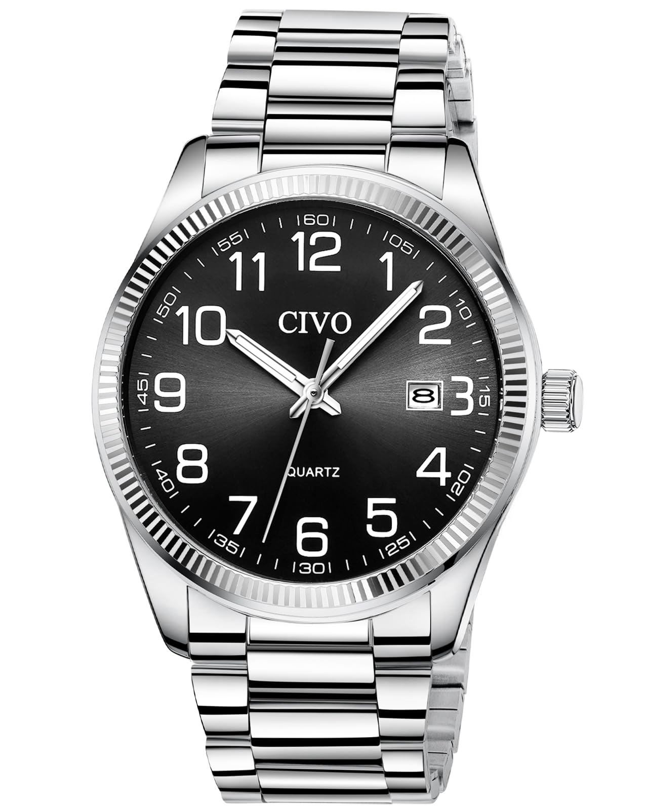 HOTCIVO Silver Analog Watches for Men: Stainless Steel Dress Wrist Watch Date | Classic, Easy to Read Large Numbers, Waterproof for Work, Formal, Gifts for Husband, Son, Father, Birthday, Anniversary