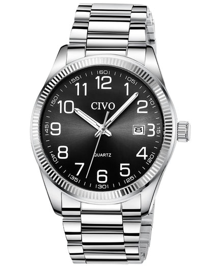HOTCIVO Silver Analog Watches for Men: Stainless Steel Dress Wrist Watch Date | Classic, Easy to Read Large Numbers, Waterproof for Work, Formal, Gifts for Husband, Son, Father, Birthday, Anniversary