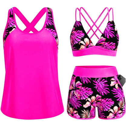 HOTWomen's 3 Piece Tankini Swimsuit Tummy Control with Bra Pocket Boy Shorts | Modest Bathing Suit, Athletic Style, Strappy-Back Support, High-Waist Fit, Built-In Brief, Side Pockets, Beach Swim Days