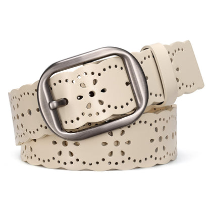 HOTJASGOOD Women's Hollow Flower Genuine Leather Belt for Jeans Pants Wide Belt for Ladies