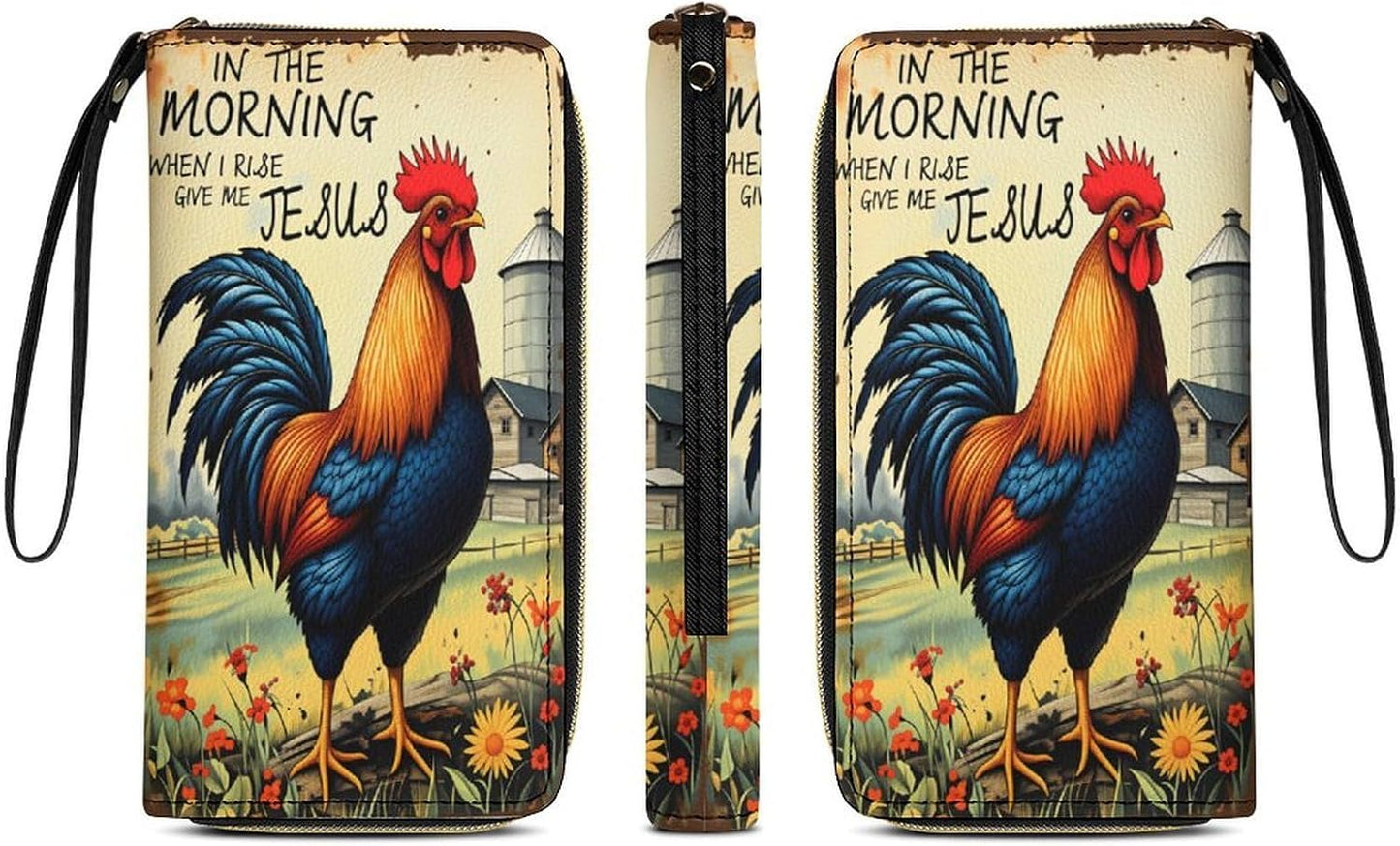 HOTVintage Rooster Chicken Wallet Women Large Capacity Clutch Purse Wristlet with Phone Pocket, Card Holder & Zipper Coin Compartment