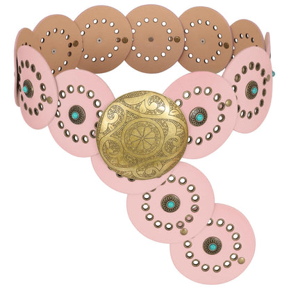 HOTXZQTIVE Western PU Leather Belts for Woman Concho Cowgirl Cowboy Disc Belt for Ladies Wide Boho Country Waist Belts for Dress