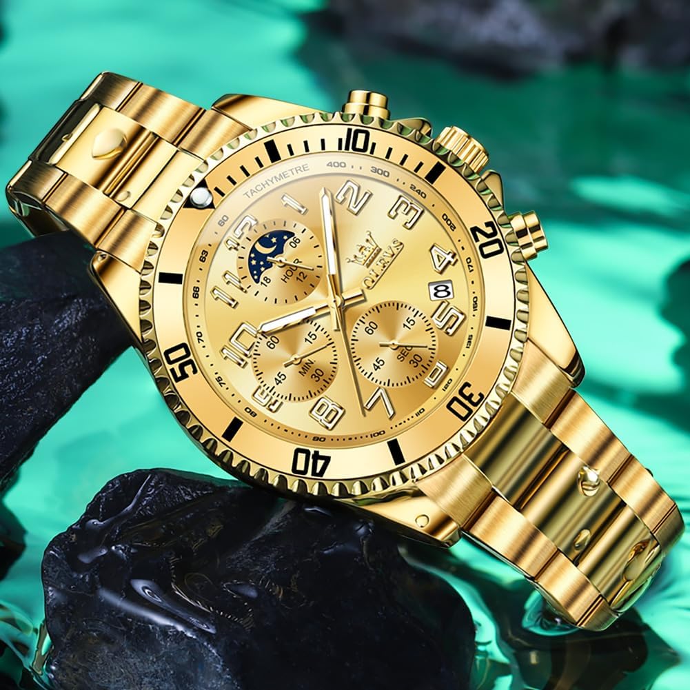 HOTOLEVS Watches Men Waterproof Luxury Big Face Mens Watch Stainless Steel Day Date Quartz Analog Dress Watches for Men Luminous Reloj para Hombres (Green/Blue/Black/Gold)