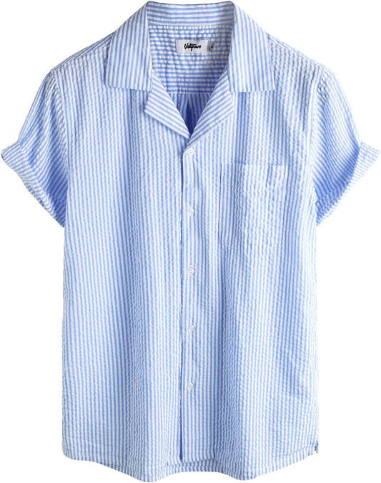 HOTVATPAVE Mens Striped Summer Shirt Casual Button Down Short Sleeve Shirts | Cotton, Hawaiian, Beach, Vacation, Tropical, Retro, Camp Collar, Vintage, Resort Wear, Seersucker, Textured, Stylish, Holiday