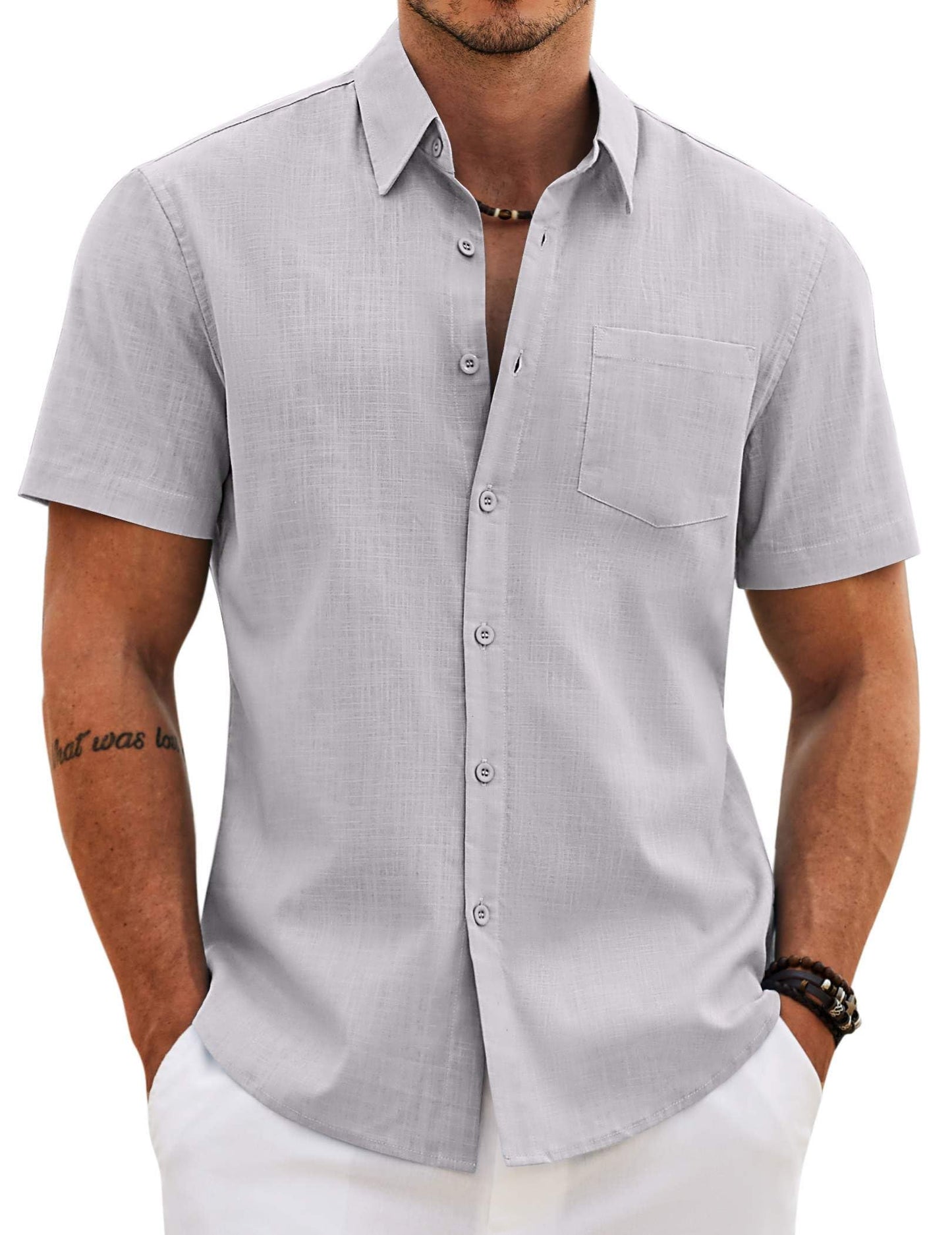 HOTCOOFANDY Men's Button Down Short Sleeve Shirt Casual Cotton Summer Beach Wedding Linen Shirts with Pocket