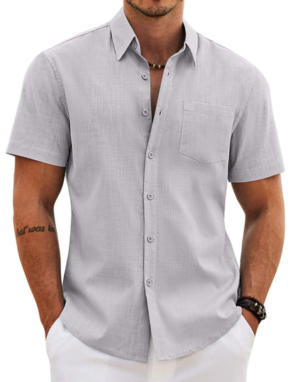 HOTCOOFANDY Men's Button Down Short Sleeve Shirt Casual Cotton Summer Beach Wedding Linen Shirts with Pocket