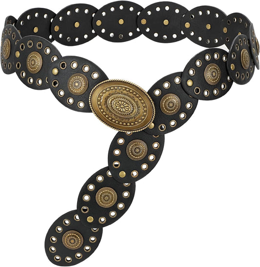 HOTLEACOOLKEY Hollow Western Disc Belt for Dress Boho Concho Belt Vintage Country Waist Belts for Women