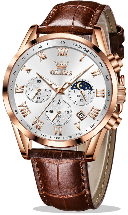 HOTOLEVS Men's Leather Analog Quartz Watch - Luxury Chronograph Wristwatch with Date, Waterproof, Luminous - Dress Style