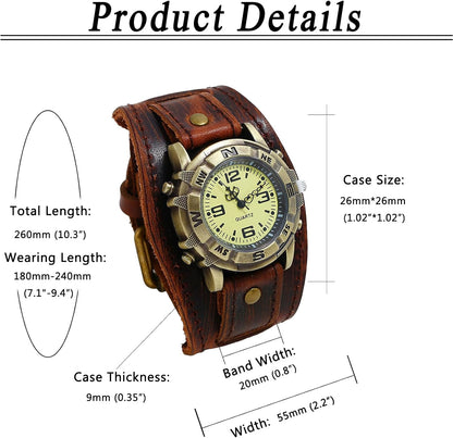 HOTAvaner Men's Vintage Leather Watches: Retro Punk Wide Band Cuff Steampunk Analog Quartz Wrist Watch