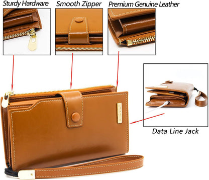 HOTANDOILT Women's RFID Blocking Large Capacity Luxury Wax Genuine Leather Clutch Wallet Card Holder Organizer Ladies Purse