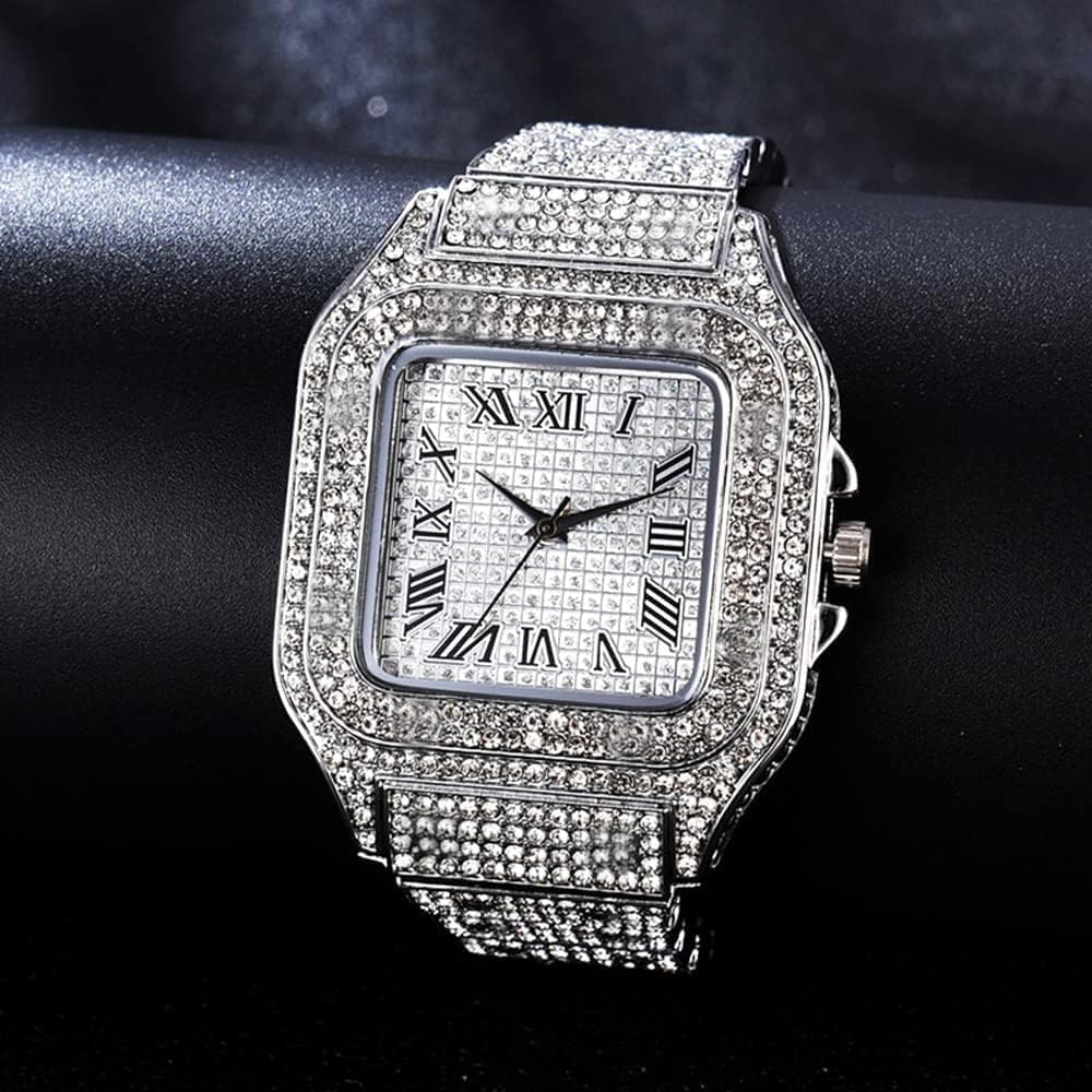 HOTApzzic Diamond Iced Out Watch CZ Gold Plated 40mm Width Roman Numerals Dial Quartz Wristband Watch for Men Women