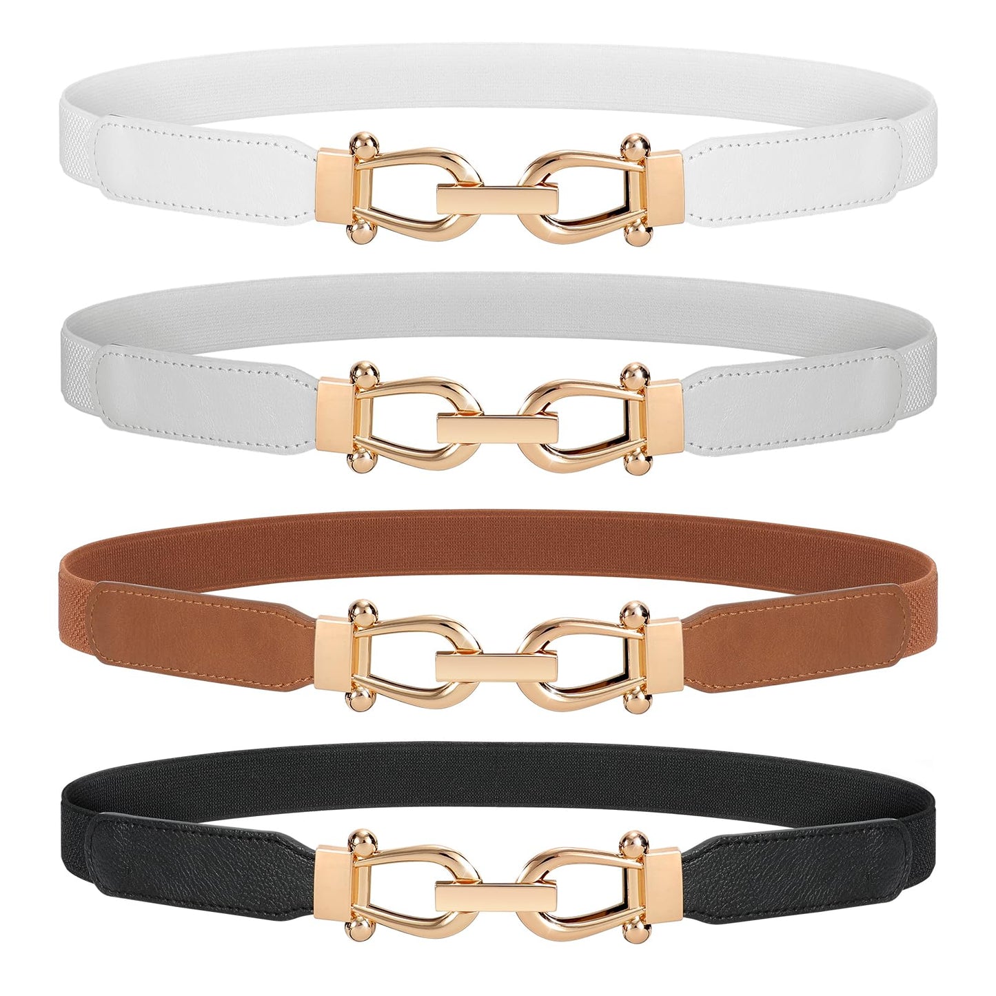 HOTWERFORU Women Skinny Belt for Dresses Retro Stretch Waist Belt with Gold Buckle Set of 4