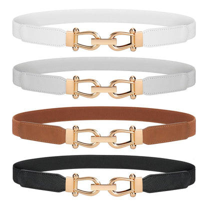 HOTWERFORU Women Skinny Belt for Dresses Retro Stretch Waist Belt with Gold Buckle Set of 4