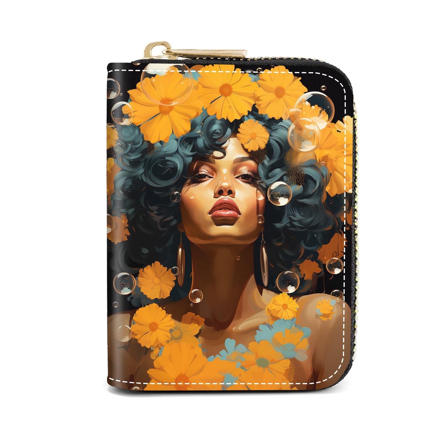 HOTCredit Card Holder Wallets for Women, Slim Leather Card Holder Wallet, Credit Card Wallet Organizer, Pocket Business Card Case with Zipper, Elephants and Flowers Under the Moon