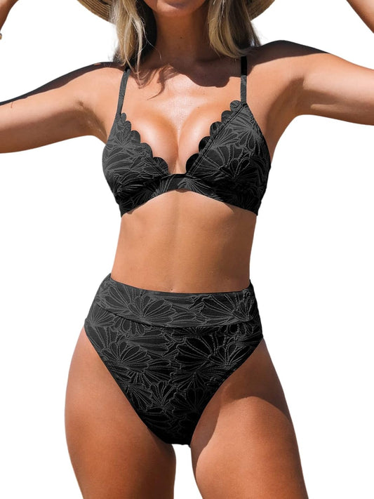 HOTCUPSHE Bikini Set for Women High Waisted Scalloped Two Piece Swimsuit | V Neck,Textured,Crisscross,Back Self Tie,Spaghetti Straps,Soft Removable Cups,Modest Bathing Suit For Vacation And Beach