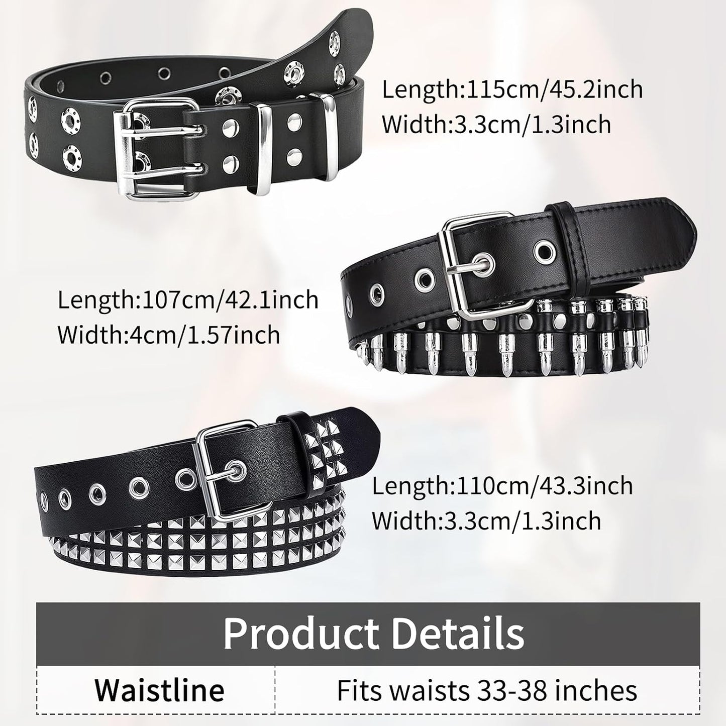 HOT3 Pcs Studded Belt, Y2K Belt EMO Goth Belts Punk Rock with Bullet belts for Women Men