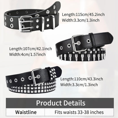 HOT3 Pcs Studded Belt, Y2K Belt EMO Goth Belts Punk Rock with Bullet belts for Women Men