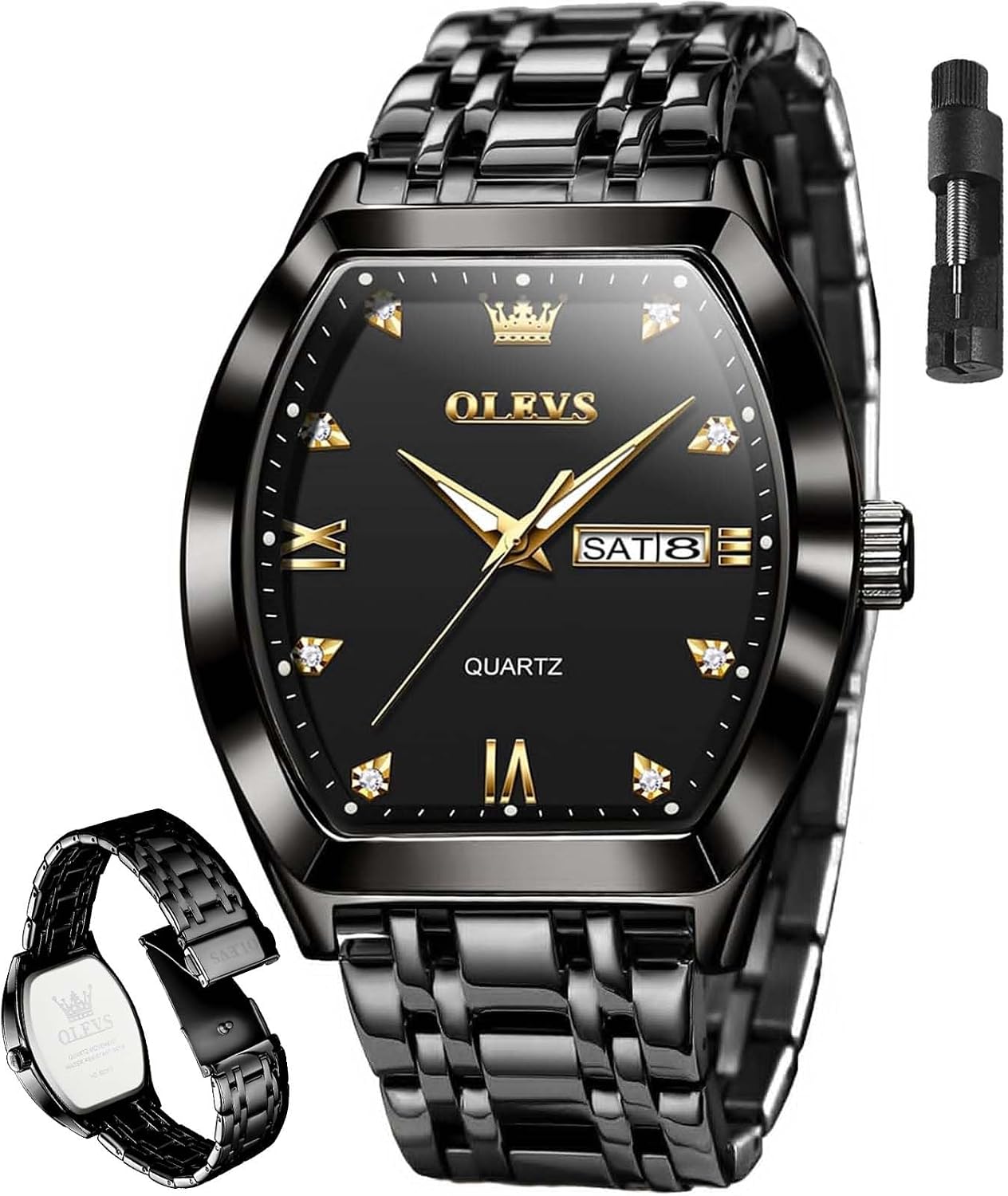 HOTOLEVS Mens Watches Luxury Business Analog Quartz Watches for Men with Stainless Steel Dress Date Waterproof Luminous Wrist Watches | Luxury Rectangle Face Tonneau Silver or Gold Stainless Steel Dress Watches for Men Roman Numerals with Black/Blue/White