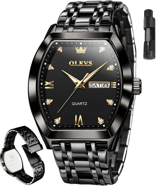 HOTOLEVS Mens Watches Luxury Business Analog Quartz Watches for Men with Stainless Steel Dress Date Waterproof Luminous Wrist Watches | Luxury Rectangle Face Tonneau Silver or Gold Stainless Steel Dress Watches for Men Roman Numerals with Black/Blue/White