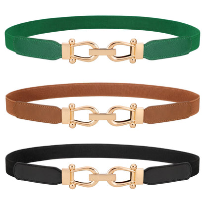 HOTWERFORU 3 Pack Women Skinny Elastic Waist Belt Gold Buckle Stretchy Thin Belt for Jeans Dress