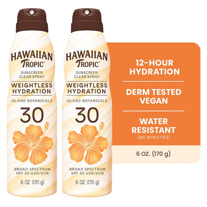 HOTHawaiian Tropic Weightless Hydration Clear Spray Sunscreen SPF 30, 6 oz | SPF 30 Sunscreen Spray, Sunblock, Oxybenzone Free, 6 oz each Twin Pack