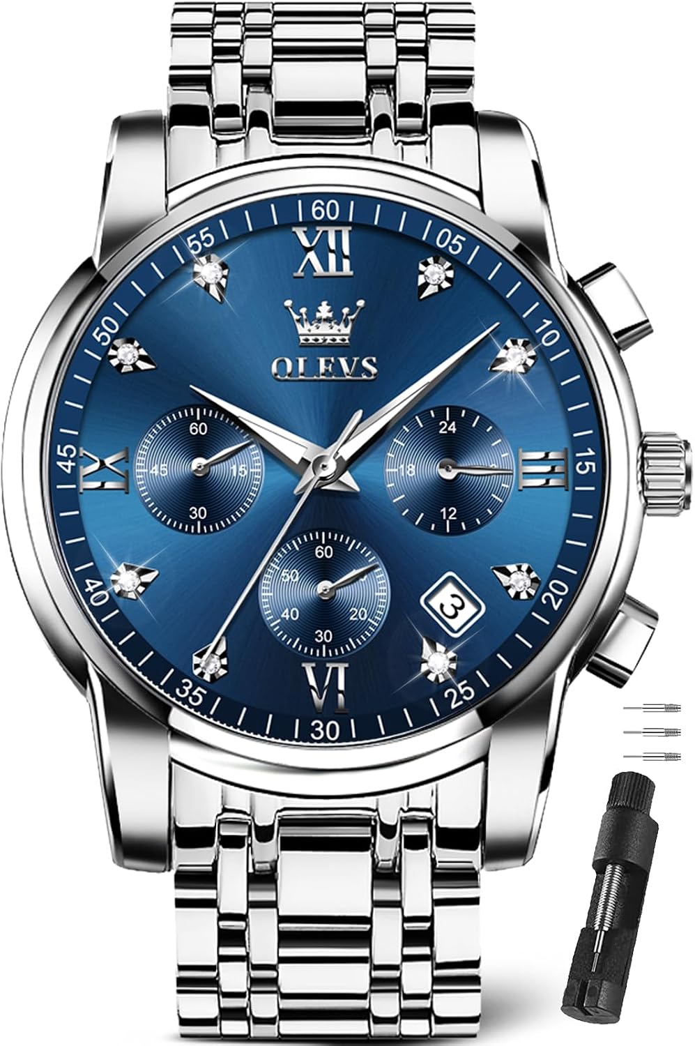 HOTOLEVS Watches for Men with Date Luxury Big Face Waterproof Mens Wristwatch Analog Dress Two Tone Stainless Steel Man Watch Luminous Relojes De Hombre Calendar(Green/Blue/Black Dial