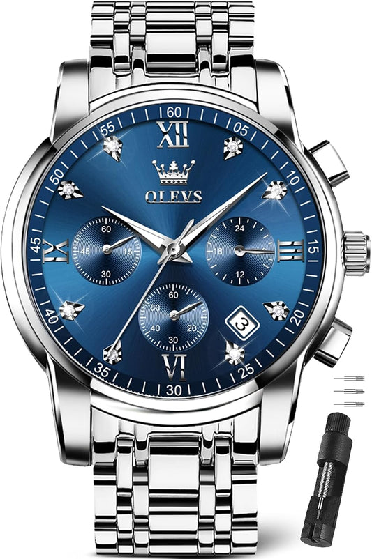 HOTOLEVS Watches for Men with Date Luxury Big Face Waterproof Mens Wristwatch Analog Dress Two Tone Stainless Steel Man Watch Luminous Relojes De Hombre Calendar(Green/Blue/Black Dial