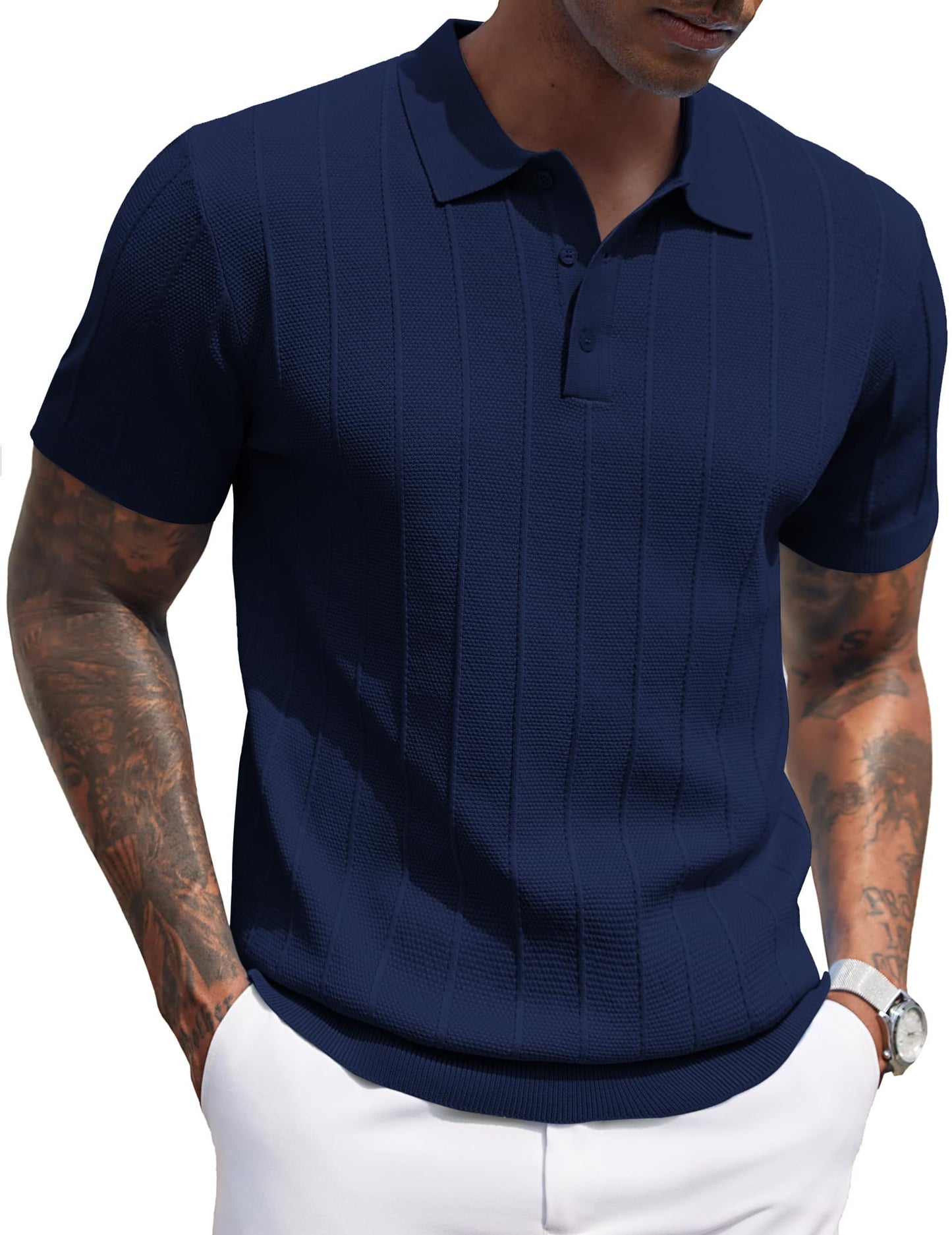 HOTCOOFANDY Mens Knit Polo Shirts Short Sleeve Ribbed Textured Polo Shirt Lightweight Casual Golf Shirts Collared T Shirt