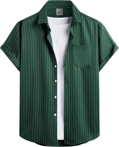 HOTHardaddy Men's Casual Striped Shirts Button Down Short Sleeve Blouse Summer Hawaiian Shirt