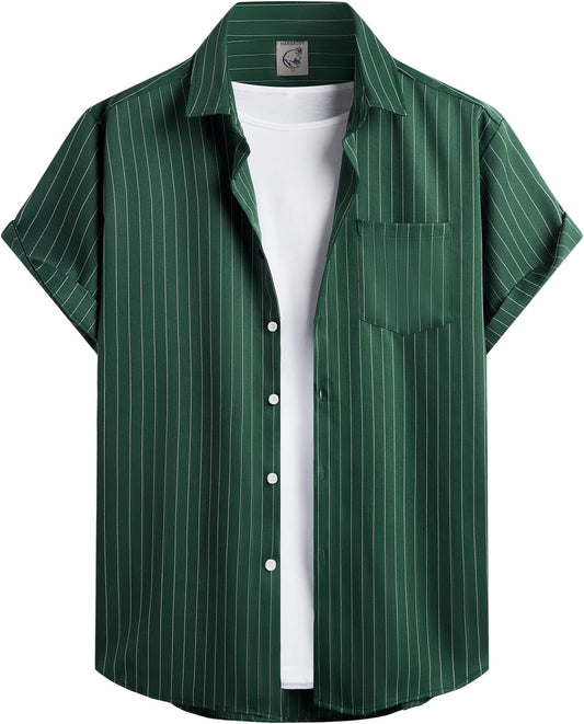 HOTHardaddy Men's Casual Striped Shirts Button Down Short Sleeve Blouse Summer Hawaiian Shirt