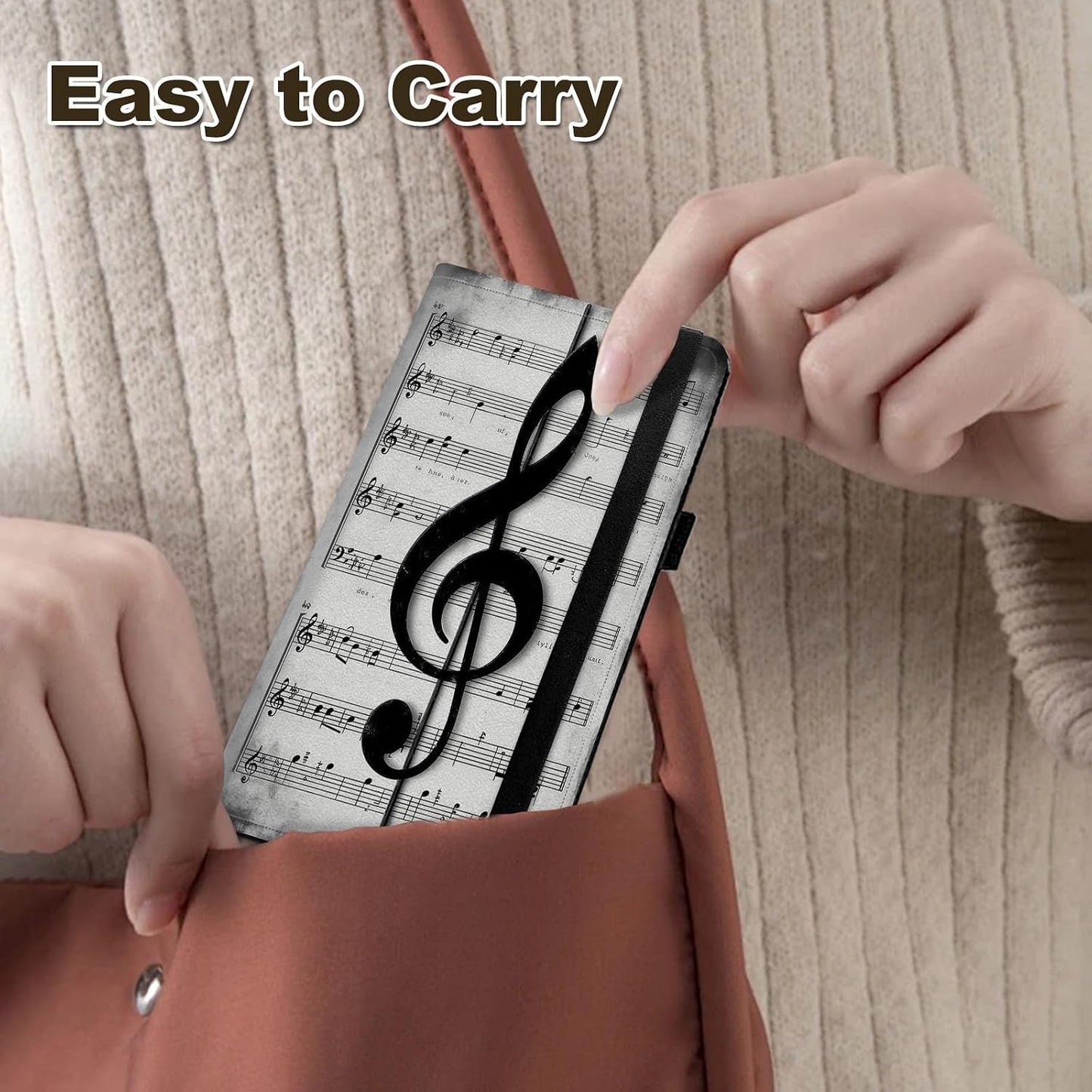 HOTCheckbook Cover for Personal Checkbook Leather Check Book Covers for Women Men with RFID Blocking Multi Card Slots Lightweight Compact Wallet, Retro Music Note
