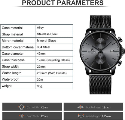 HOTGOLDEN HOUR Mens Watch Fashion Sleek Minimalist Quartz Analog Mesh Stainless Steel Waterproof Chronograph Watches for Men with Auto Date