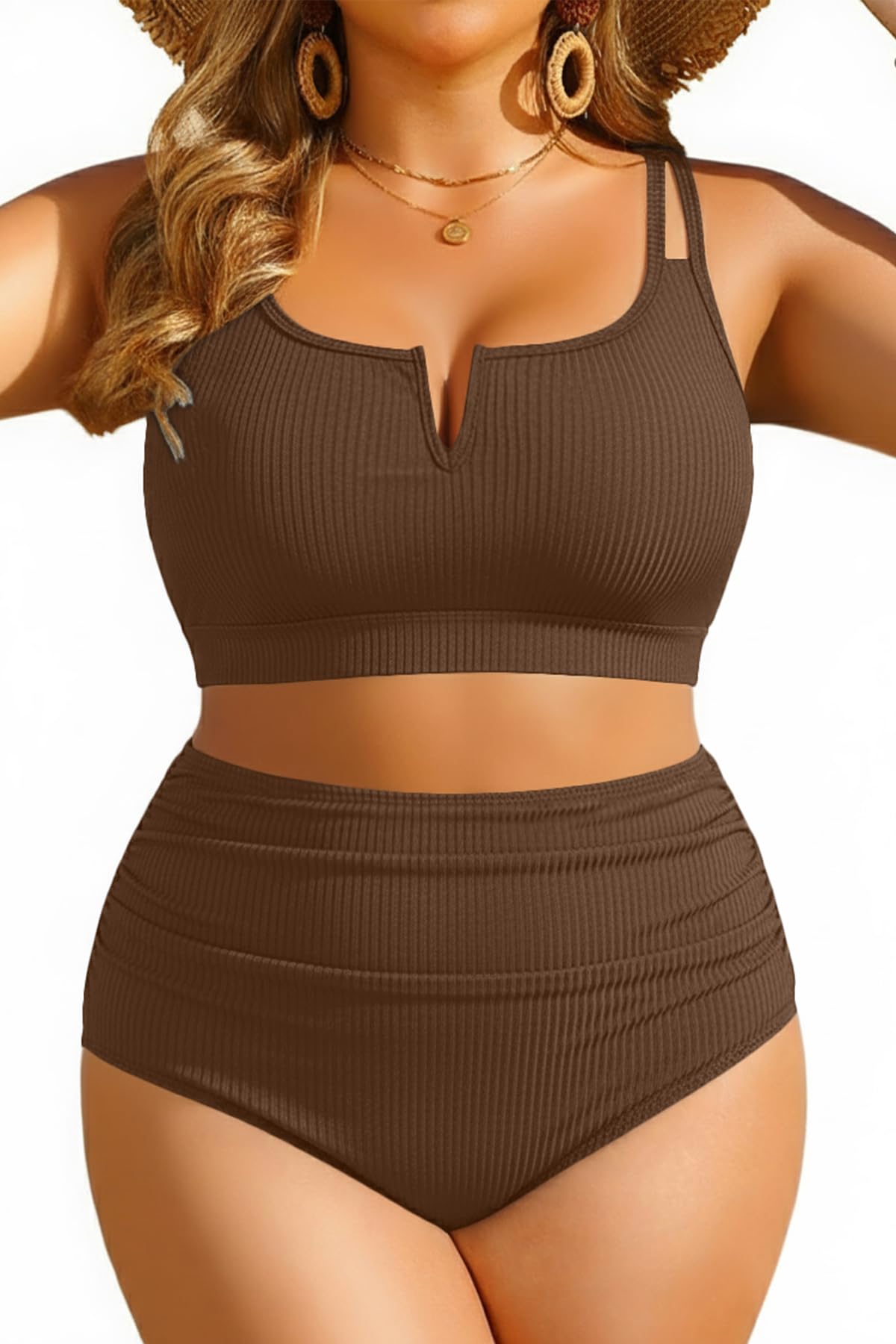 HOTWomen Plus Size High Waisted Bikini Ribbed Two Piece Tummy Control Swimsuit | V-Wired Bathing Suit, Adjustable Straps, Full Coverage, Full Lining