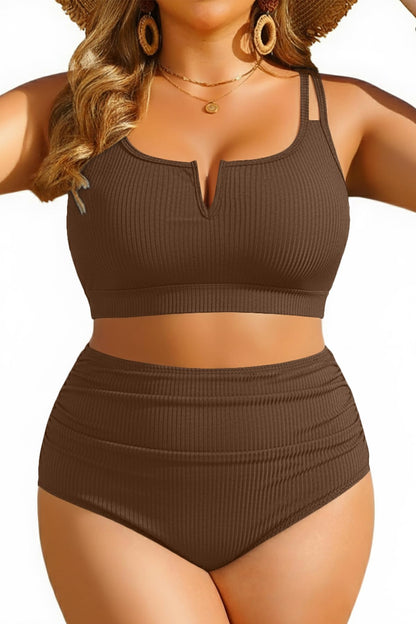 HOTWomen Plus Size High Waisted Bikini Ribbed Two Piece Tummy Control Swimsuit | V-Wired Bathing Suit, Adjustable Straps, Full Coverage, Full Lining