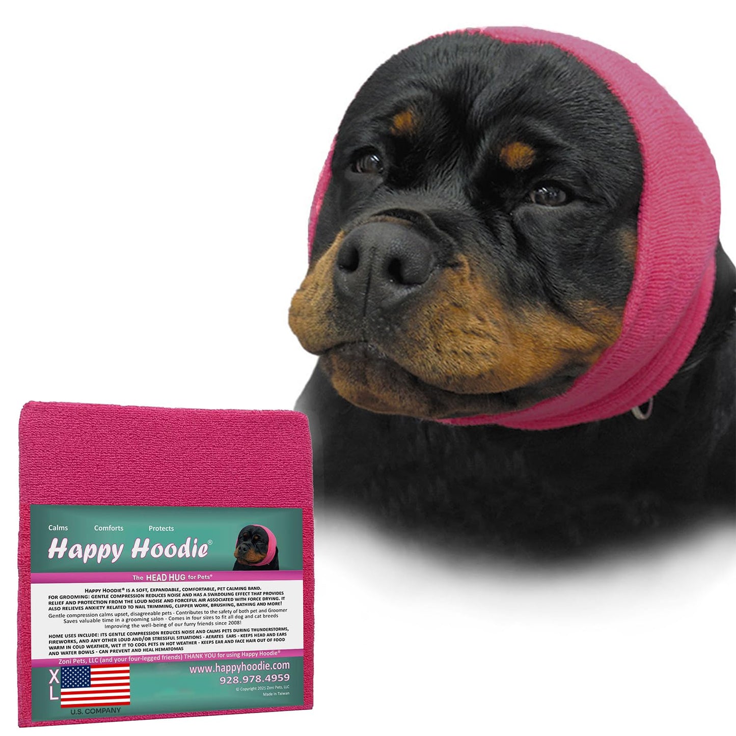 HOTHappy Hoodie The Original Dog & Cat Calming Band - American Brand - Anxiety Relief/Noise Protection - Grooming - Thunder - Fireworks (Large, Black) - Since 2008