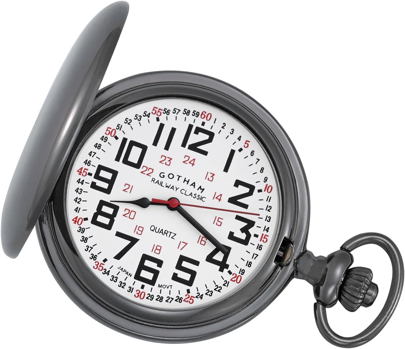 HOTGotham Men's Gunmetal Railroad Polished Finish Covered Quartz Pocket Watch # GWC15044B