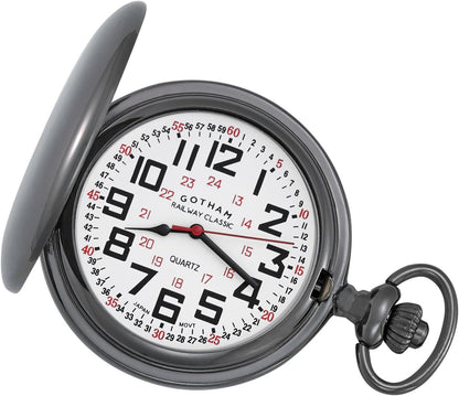 HOTGotham Men's Gunmetal Railroad Polished Finish Covered Quartz Pocket Watch # GWC15044B