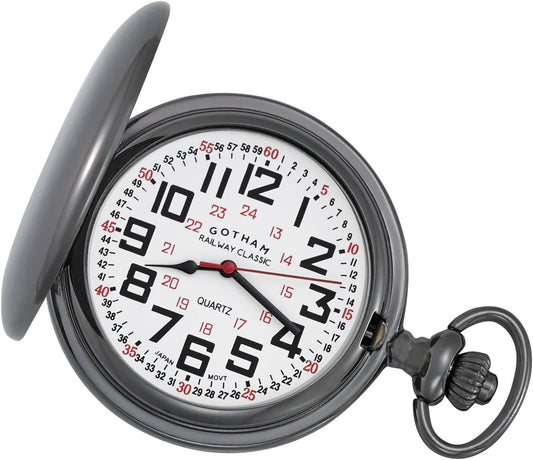 HOTGotham Men's Gunmetal Railroad Polished Finish Covered Quartz Pocket Watch # GWC15044B