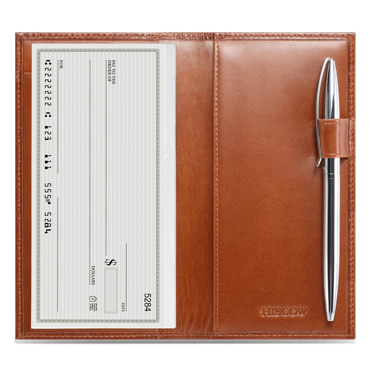HOTHISCOW Leather Checkbook Cover for Duplicate Checks with Pen Holder | Full grain cowhide, personal check book & register pockets, removable vinyl divider, durable stitching, gifts for women men