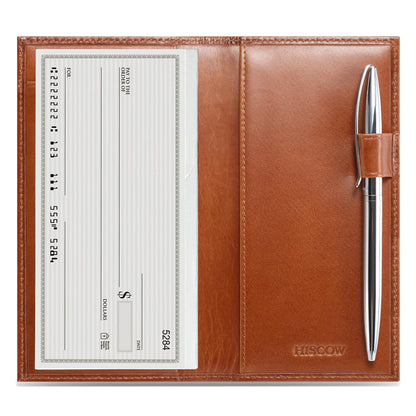HOTHISCOW Leather Checkbook Cover for Duplicate Checks with Pen Holder | Full grain cowhide, personal check book & register pockets, removable vinyl divider, durable stitching, gifts for women men